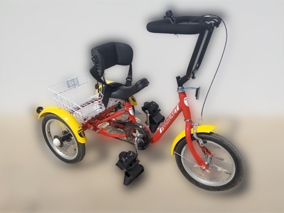 Bicicleta adaptada para niños con necesidades especiales, con asientos y pedales ajustables para mayor comodidad y seguridad.