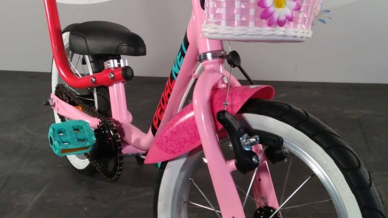 Bicicleta adaptada personalizada con detalle en las ruedas.